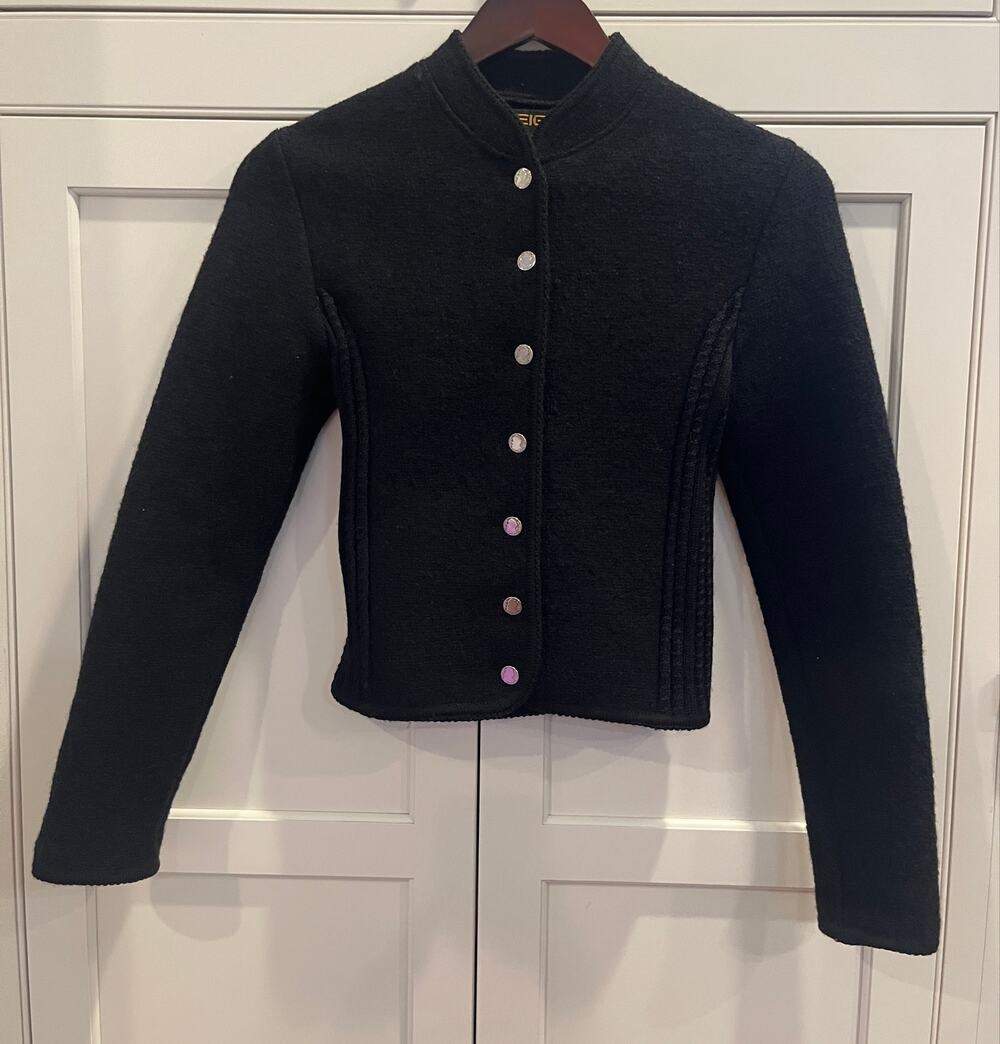 Vtg Geiger Austria Black Boiled Wool Jacket Cropped Tyrolean 36 US 6 NWOT